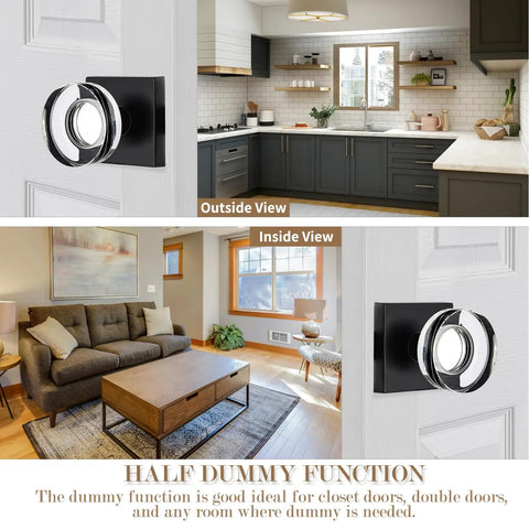 2 Pack Matte Black Dummy Door Knobs With Crystal Glass Knobs installed on white doors in modern living and kitchen areas