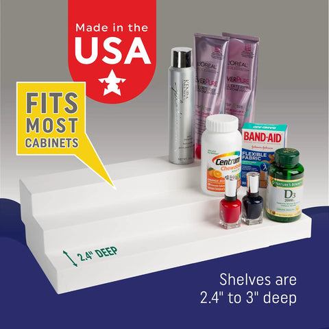3 Tier Expandable Cabinet Shelf Organizer Knockout Storage Hack Heavy Duty Build smooth white design 2.4" deep for pantry storage.