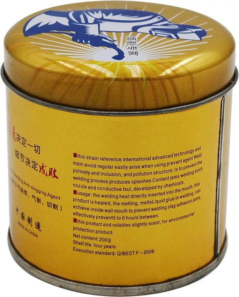 Golden container labeled with technical text, designed for Anti Spatter Welding Nozzle Gel For MIG Nozzles And Tips Keeps Your Nozzle Clean Prevents Clogs And Erratic Operation Works In Any Position With Any Nozzle Odorless Non Flammable Non Toxic Silicon Free Compatible With Any Tip. 200g contents visible.