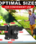 Portable Electric Drill Powered Water Transfer Pump with dimensions for pools, rain barrels, and garden watering, side view.