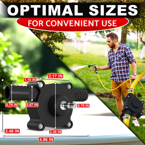 Portable Electric Drill Powered Water Transfer Pump with dimensions for pools, rain barrels, and garden watering, side view.