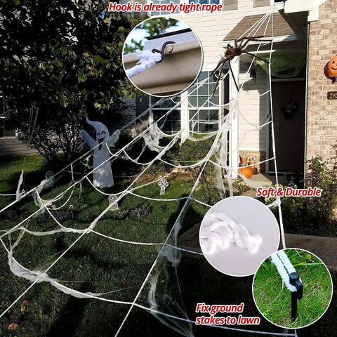 Massive 200 Inch Halloween Spider Web Plus 59 Inch Giant Fake Spider Epic Yard Haunt Decor Set With Realistic Arachnid For Outdoor Spooky Party And Next Level Lawn Accents That Are Absolutely Sick, featuring soft durable web with hooks and stakes.