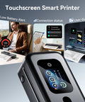 Collage showing Upgraded Portable Wireless Printer With Touchscreen, Bluetooth Thermal Inkless M832D in use with close-up and connection status.