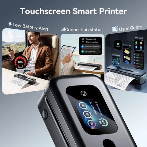 Collage showing Upgraded Portable Wireless Printer With Touchscreen, Bluetooth Thermal Inkless M832D in use with close-up and connection status.