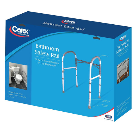 Packaging of Adjustable Detachable Toilet Safety Rails With Non Slip Grab Bar And Padded Handles, Aluminum Frame