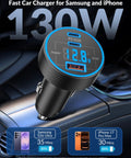 130W 3 Port USB C Car Charger With Voltage Display And Fast Charge PPS PD QC for Samsung Galaxy shown in car interior