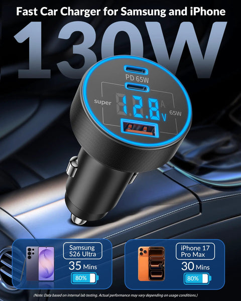 130W 3 Port USB C Car Charger With Voltage Display And Fast Charge PPS PD QC for Samsung Galaxy shown in car interior