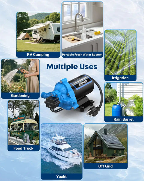 On Demand 110V AC Water Pressure Pump With 4 GPM At 50 PSI for RVs, marine, garden, kitchen, bathroom, and off-grid uses
