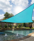 Turquoise 32 By 32 Foot Shade Sail Canopy over backyard pool providing UV protection with HDPE fabric and mesh netting.