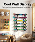 Four Layer Horizontal Skateboard Wall Mount Rack for All Boards and Sizes Boss Wall Storage Organizer displaying skateboards