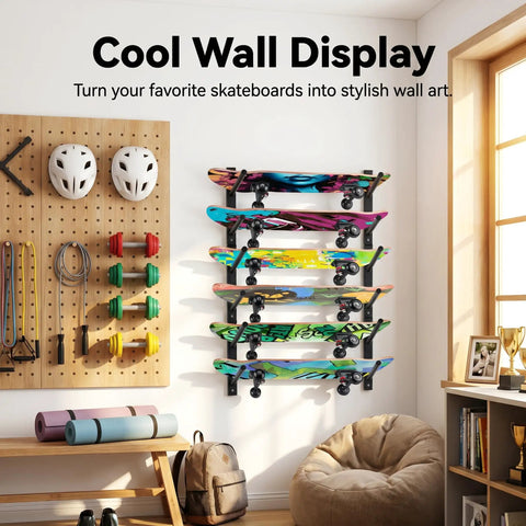 Four Layer Horizontal Skateboard Wall Mount Rack for All Boards and Sizes Boss Wall Storage Organizer displaying skateboards