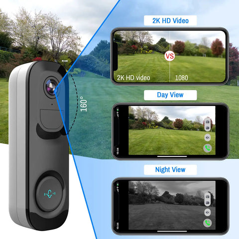 2K HDR Wireless Doorbell Camera With Rechargeable Battery showcasing day and night views and 160 degree field of view on smartphone