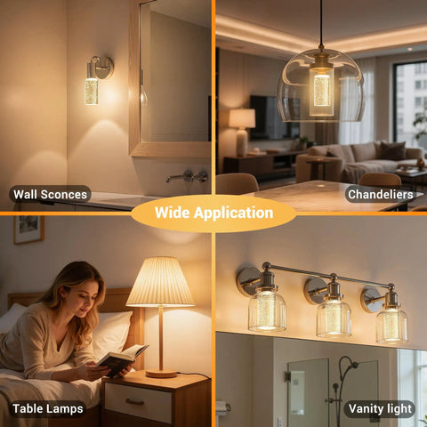 Collage showcasing wall sconces, chandeliers, table lamps, and vanity lights in a home interior setting.