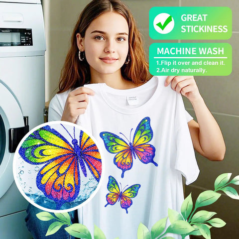 Woman holding a shirt with colorful butterfly design using 20Pcs Sublimable White Glitter HTV Vinyl and Printable Sublimation Paper Combo.