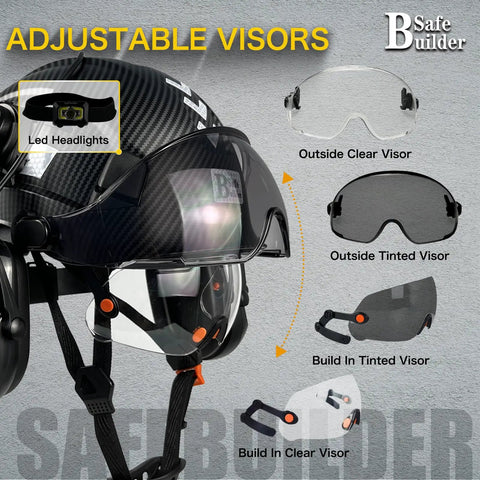 All In One Safety Helmet With Visor And Bluetooth Ear Muffs, vented matte black hard hat showcasing adjustable visors.