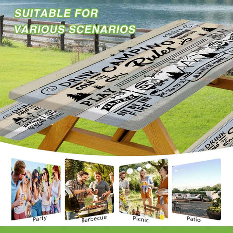 Outdoor 3 Piece Picnic Table Cover Set With Bench Covers For 6ft Tables Waterproof Windproof Elastic Edges Wrinkle Free Tablecloth 60x30 Table Cover And 60x12 Bench Covers For RVs Camping BBQs And Picnics with nature backdrop