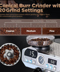 Display showing conical burr grinder with 20 settings on Everyday Home Barista Espresso Machine With Built In Grinder, 20 Bar Pressure For Rich Extraction, Temperature Control 194F To 203F, 68 Oz Water Tank, All In One Coffee Maker With Cold Brew.