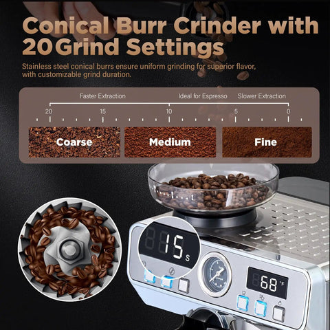 Display showing conical burr grinder with 20 settings on Everyday Home Barista Espresso Machine With Built In Grinder, 20 Bar Pressure For Rich Extraction, Temperature Control 194F To 203F, 68 Oz Water Tank, All In One Coffee Maker With Cold Brew.