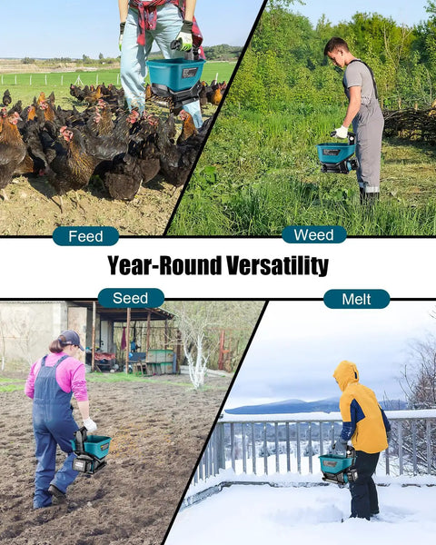 People using Handheld Seed Spreader For Makita 18V Battery Lawn Fertilizer And Salt Ice Melt Spreader Year Round Use.