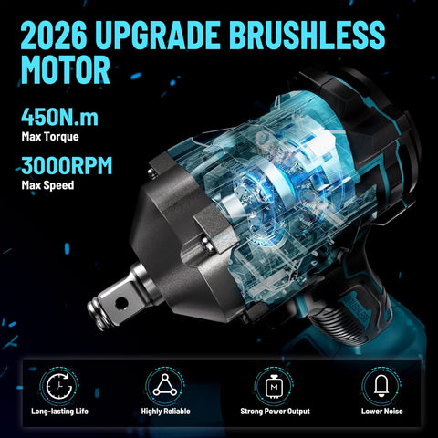 450 Nm Brushless Cordless Impact Wrench One Half Inch Drive With 4.0 Ah Battery And Four Sockets Beast Power For Cars DIY Projects Furniture Lawn Mower Blue, motor cutaway