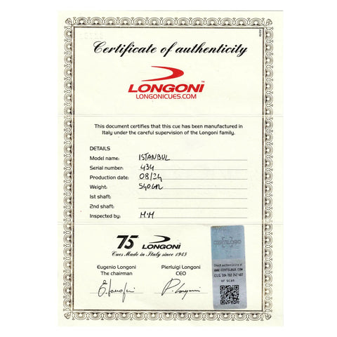 Certificate of authenticity for Istanbul 3 Cushion Carom Cue W/Luna Nera Fe71 detailing model and manufacturing info.