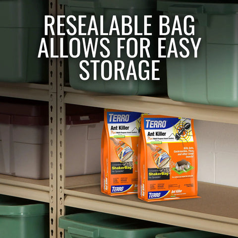 Ant Killer Plus Insect Control 3 Lb Bags Two Pack on shelf, resealable bags for easy storage
