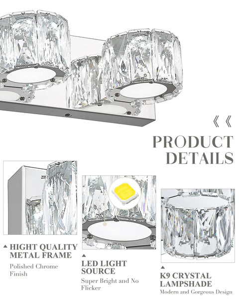 3 Light LED Crystal Vanity Fixture In Chrome Finish With K9 Crystal Shades Modern Over Mirror Bathroom Light Bar 6000K Cool White