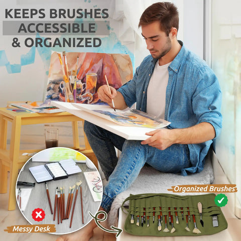 Man painting using 30 Slot Roll Up Paint Brush Holder, Premium Canvas Brush Organizer For Artists, Army Green, Brushes Not Included.