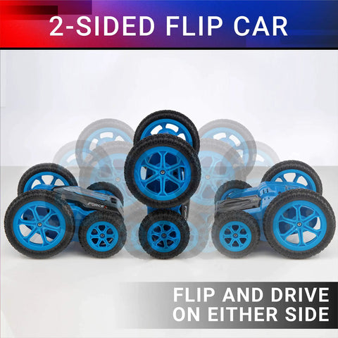 Tornado Blue LED Remote Control Car For Kids With Dual Sided Driving And 360 Flips 4WD Off Road Stunts showing 2-sided flip feature