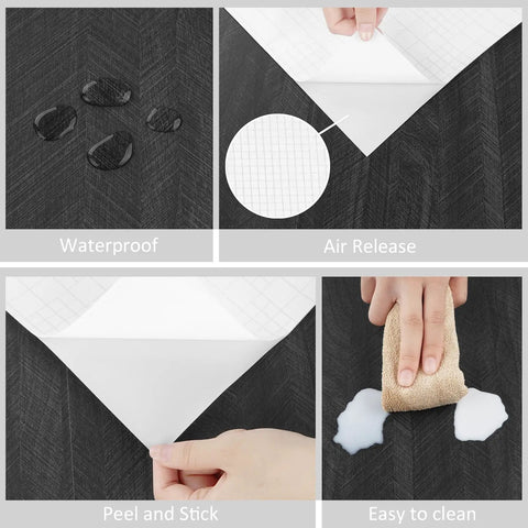 Collage showing Black Wood Countertop Contact Paper Peel And Stick Waterproof Self Adhesive Faux Wood Grain Vinyl Wrap features