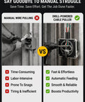 Comparison of manual wire pulling vs Heavy Duty Drill Powered Cable Pulling Tool Automatic Wire Fish Tape for Electricians.