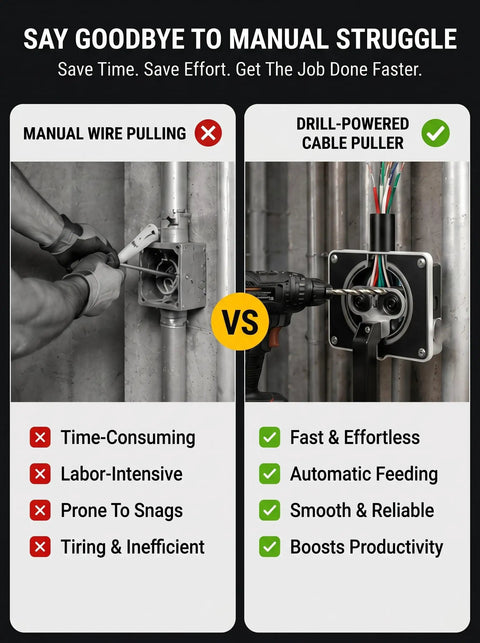 Comparison of manual wire pulling vs Heavy Duty Drill Powered Cable Pulling Tool Automatic Wire Fish Tape for Electricians.