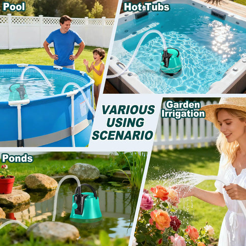 Various scenarios of the Submersible Pool Sump Pump With Adjustable Flow 950GPH Capacity Easy Setup Portable Electric Water Removal Pump For Pool Covers Ponds And Fish Tanks 10ft Hose 4 Adapters Energy Saving 80W Motor