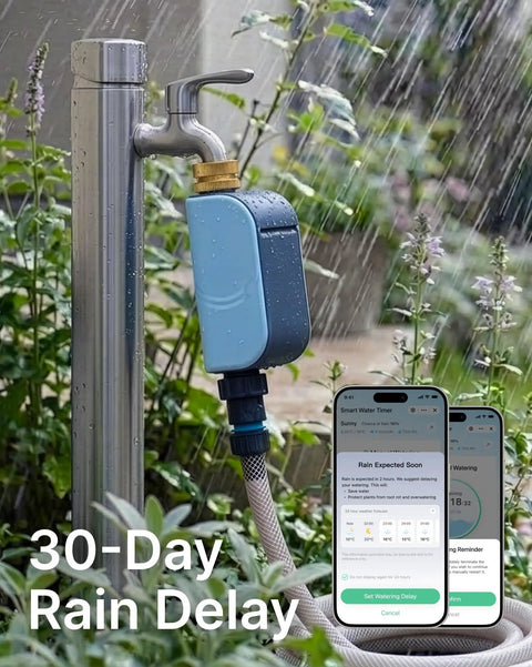 WiFi Water Timer For Garden Hose With Heavy Duty Brass Inlet And Flow Meter, No Hub Needed, app display and rain delay text