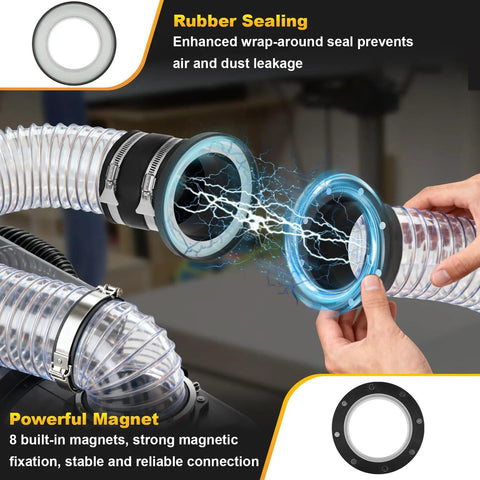 Heavy Duty 4 Inch Magnetic Dust Collection Fittings For Shop Vac Hose Quick Snap Connectors With Magnets displaying rubber seal and strong magnets.