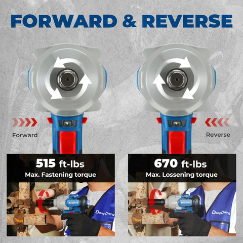 20V Brushless Impact Wrench Kicks 670 Ft Lbs Of Nut Breaking Torque At 2200 RPM Across Four Speeds, showing forward and reverse torque settings.