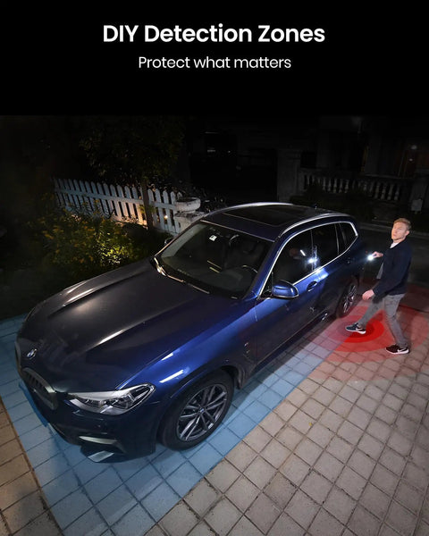 Wireless Outdoor Security Cameras System 5MP Ultra HD, 2 Camera Kit monitoring car at night with spotlight night vision in driveway
