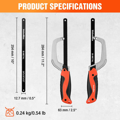ValueMax mini hacksaw with orange and black handle and extra 10-inch bi-metal blade (front view)