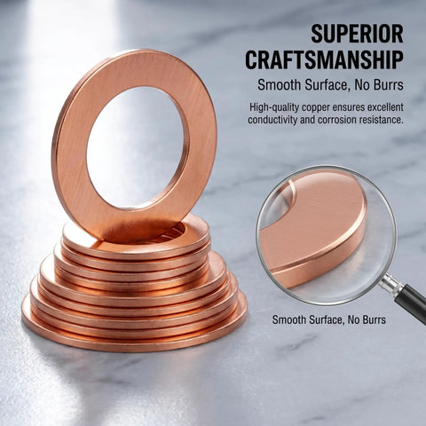 Gold Copper Crush Washers Kit for Cars 200 Piece Metric Assortment M5-M14 stacked with magnified smooth surface visible