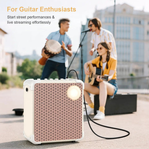 Party Ready Portable Karaoke Machine For Adults Outdoor With SOS Mode Bluetooth Guitar Amp Dual DSP Audio 9000mAh Battery Powered Speaker Backing Tracks For Backyard Parties White with trio playing music.
