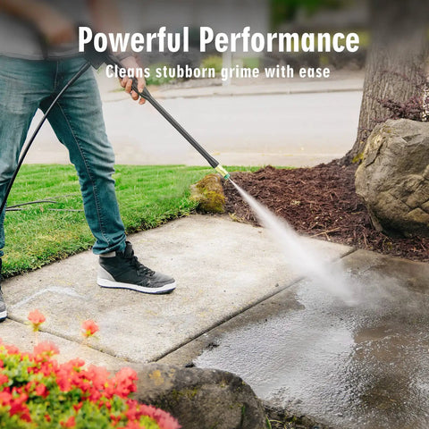 Person using Electric Pressure Washer 2800 Max PSI 2.4 GPM With Telescopic Handle to clean patio effortlessly