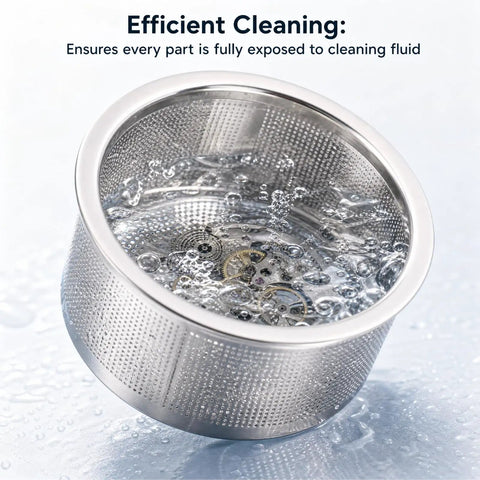 Top Grade Stainless Steel Mesh Watch Parts Cleaner Basket For Ultrasonic Jewelry Care immersed in cleaning fluid with watch parts.