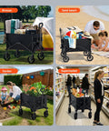 Collapsible Folding Wagon With Dual Cup Holders, Heavy Duty Utility Cart for camping, shopping, sports shown in various settings