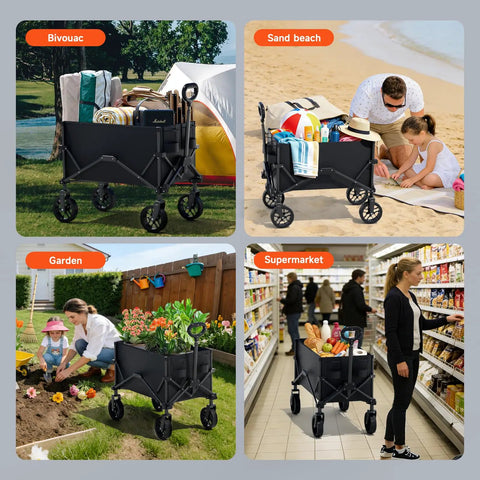 Collapsible Folding Wagon With Dual Cup Holders, Heavy Duty Utility Cart for camping, shopping, sports shown in various settings