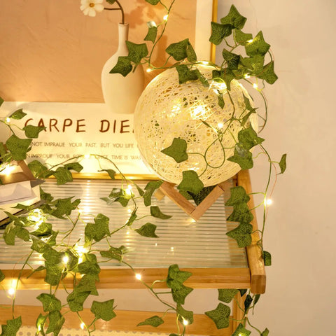 33 Ft Ivy Garland With 100 LED Fairy Lights on shelf with decor, perfect for home decor living room and bedroom wall art aesthetic