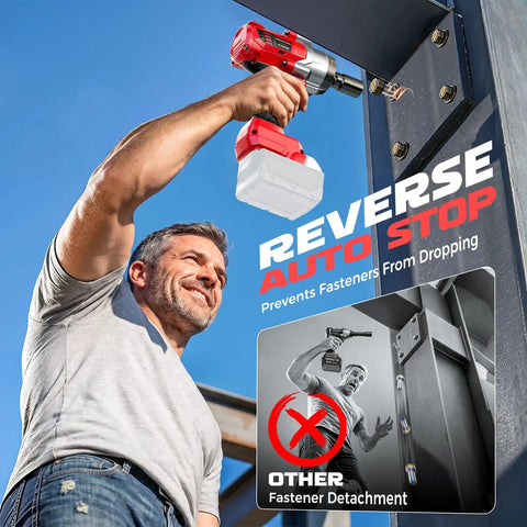 Garage Tested Heavy Hitter 1/2 Inch Cordless Impact Wrench Delivers 1500 Ft Lbs Torque using reverse auto stop feature outdoors.