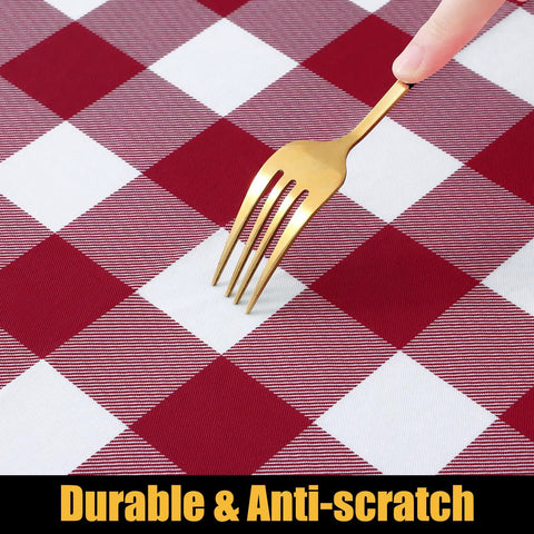 Close-up of fork on Buffalo Plaid Elastic Waterproof Fitted Vinyl Tablecloth With Flannel Backing Windproof Non Slip Outdoor Dining Table Cover For Camping And Backyard Hangouts Burgundy And White 30 By 72