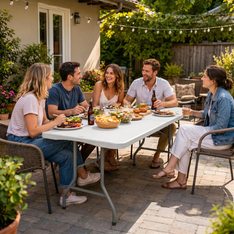 Group enjoying a meal outdoors on a Six Foot Folding Table For Indoor And Outdoor Use, Lightweight Portable Rectangular White Plastic Dining Table With Steel Legs, Fold In Half With Carrying Handle, Ideal For Picnic, Camping, Parties, Weddings And Events