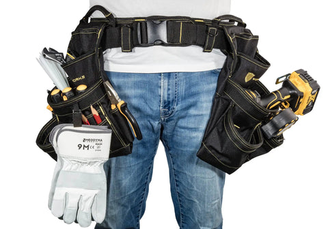 Person wearing 18 Pocket Heavy Duty Contractor Tool Belt Pouch With Cushioned Padding, Hammer Loop, Tape Holder, adjustable to 55 inches