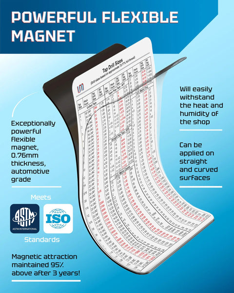 Dead On Inch And Metric Tap Drill Size Guide With A Slick Waterproof Magnetic Chart showing flexible magnet design and drill sizes.